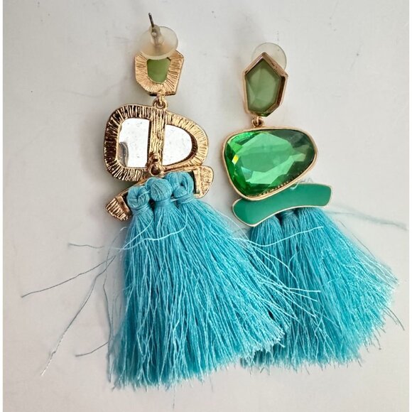 Boho Statement Tassel Earrings Green Gem Blue Fringe 3.5” - Picture 2 of 4